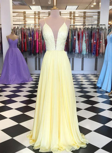 Yellow A line chiffon sequins long prom dress, evening dress HZ1023